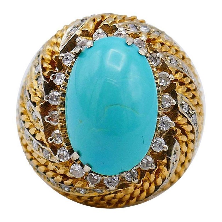 Vintage Turquoise Ring 18k Gold Diamond French Estate Jewelry Signed SC en vente
