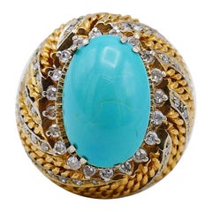 Retro Turquoise Ring 18k Gold Diamond French Estate Jewelry Signed SC