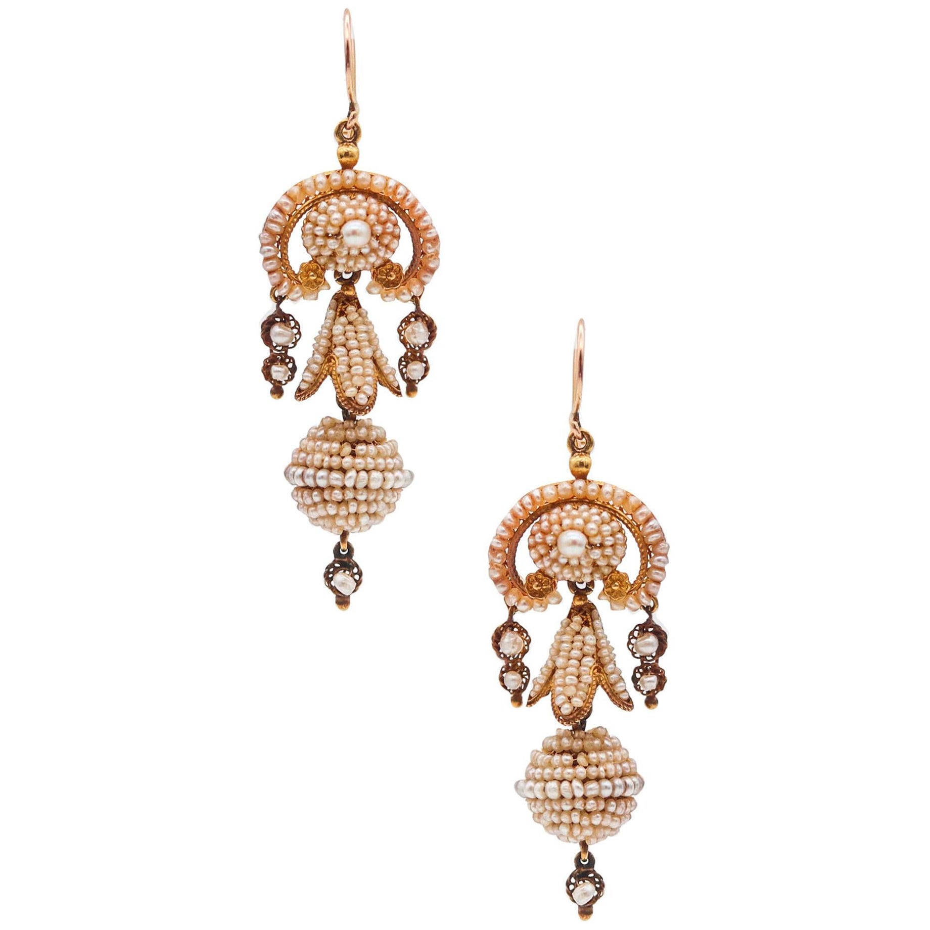 Portuguese Iberian 1850 Dangle Drop Filigree Earrings 21Kt Gold With Seed Pearls For Sale