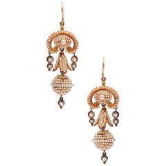 Antique Portuguese Iberian 1850 Dangle Drop Filigree Earrings 21Kt Gold With Seed Pearls