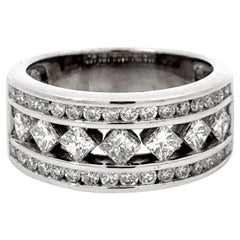 Princess Cut and Brilliant Cut Wide Diamond Band Ring 14k White Gold
