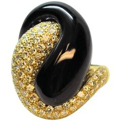 Vintage Black Jade Diamond Gold Yin-Yang Ring