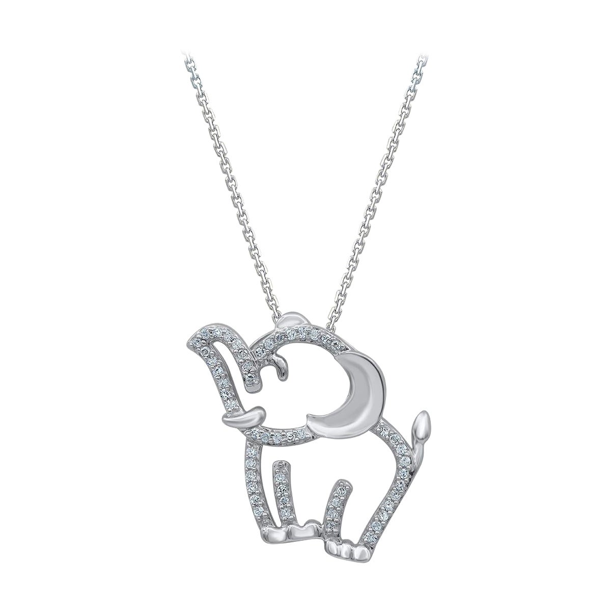 TJD 0.09 Carat Natural Round Diamond 14KT White Gold Baby Elephant Pendant For Sale