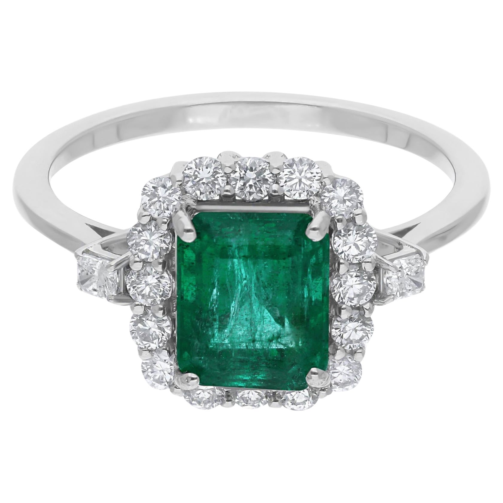 Esmeralda de Zambia Piedra preciosa Anillo de cóctel Diamante 14 Kilates Oro Blanco Joyería Fina