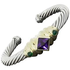 David Yurman Silver & Gold Amethyst & Onyx Renaissance 7mm Cable Cuff Bracelet
