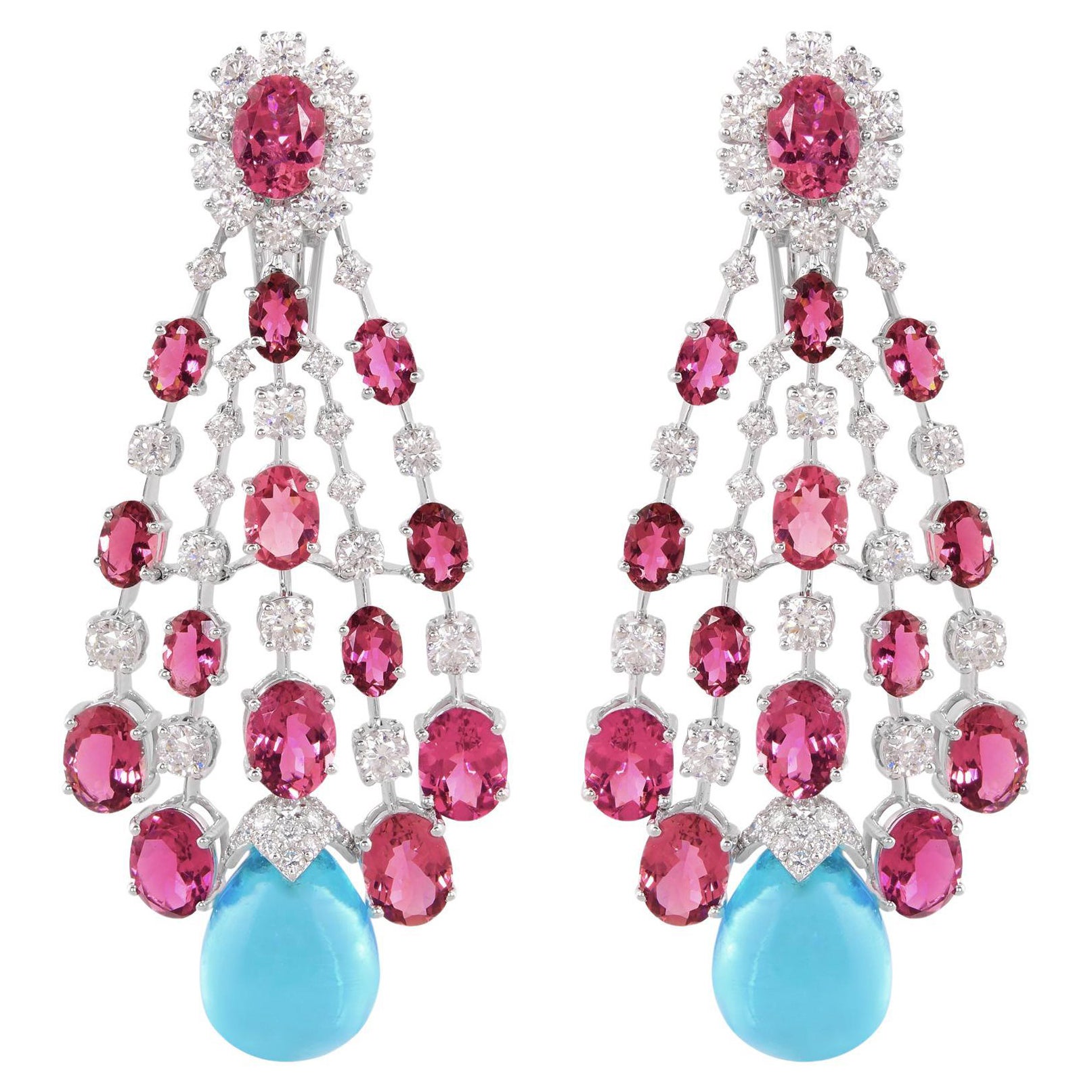 Tourmaline Blue Topaz Dangle Earrings Diamond 14 Karat White Gold Fine Jewelry