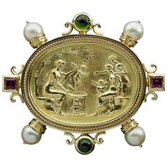SeidenGang Gold Intaglio Relief Gemstone Brooch Pin Pendant