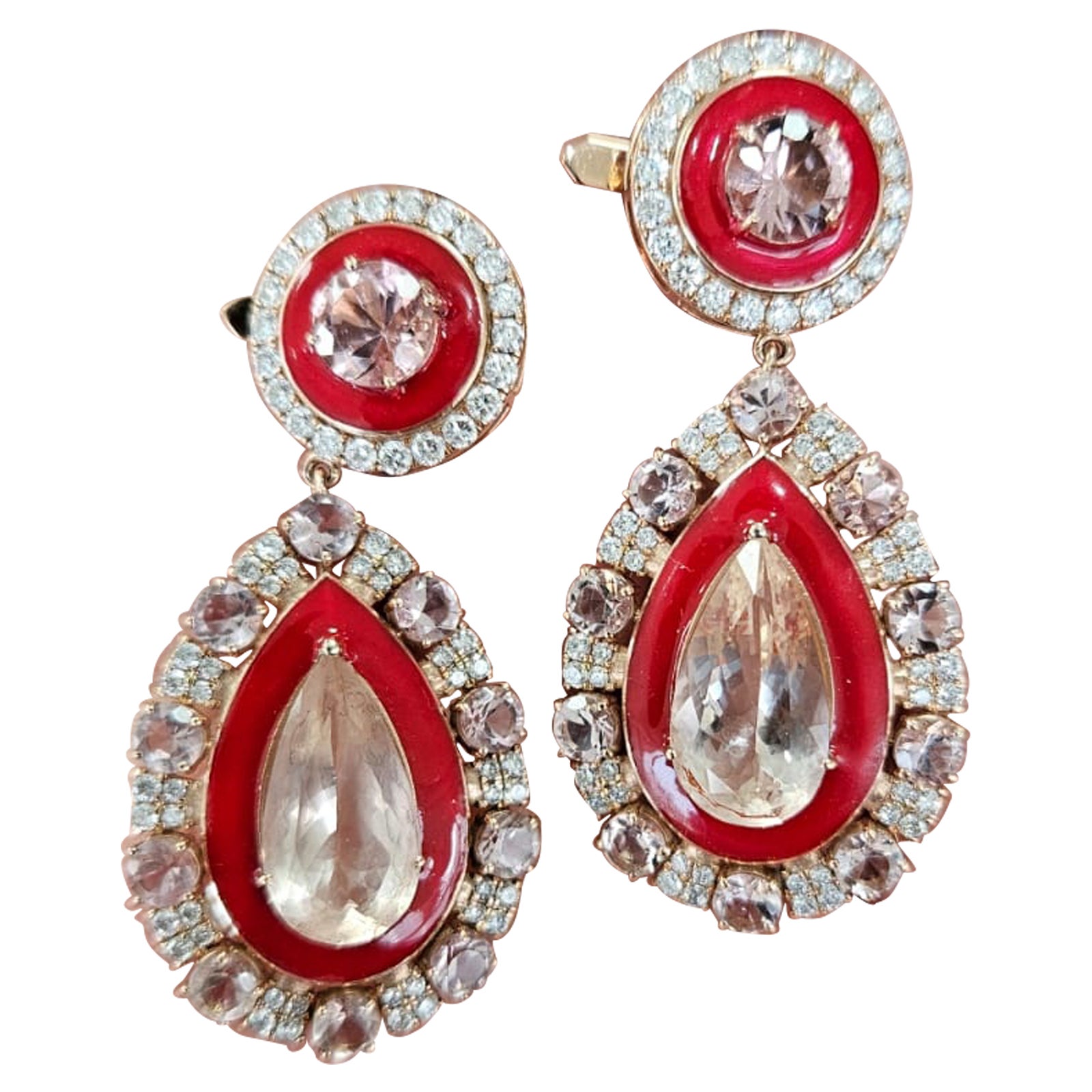 Set in 18K Gold, 17.42 carats Morganite, Red Enamel & Diamond Chandelier Earring For Sale