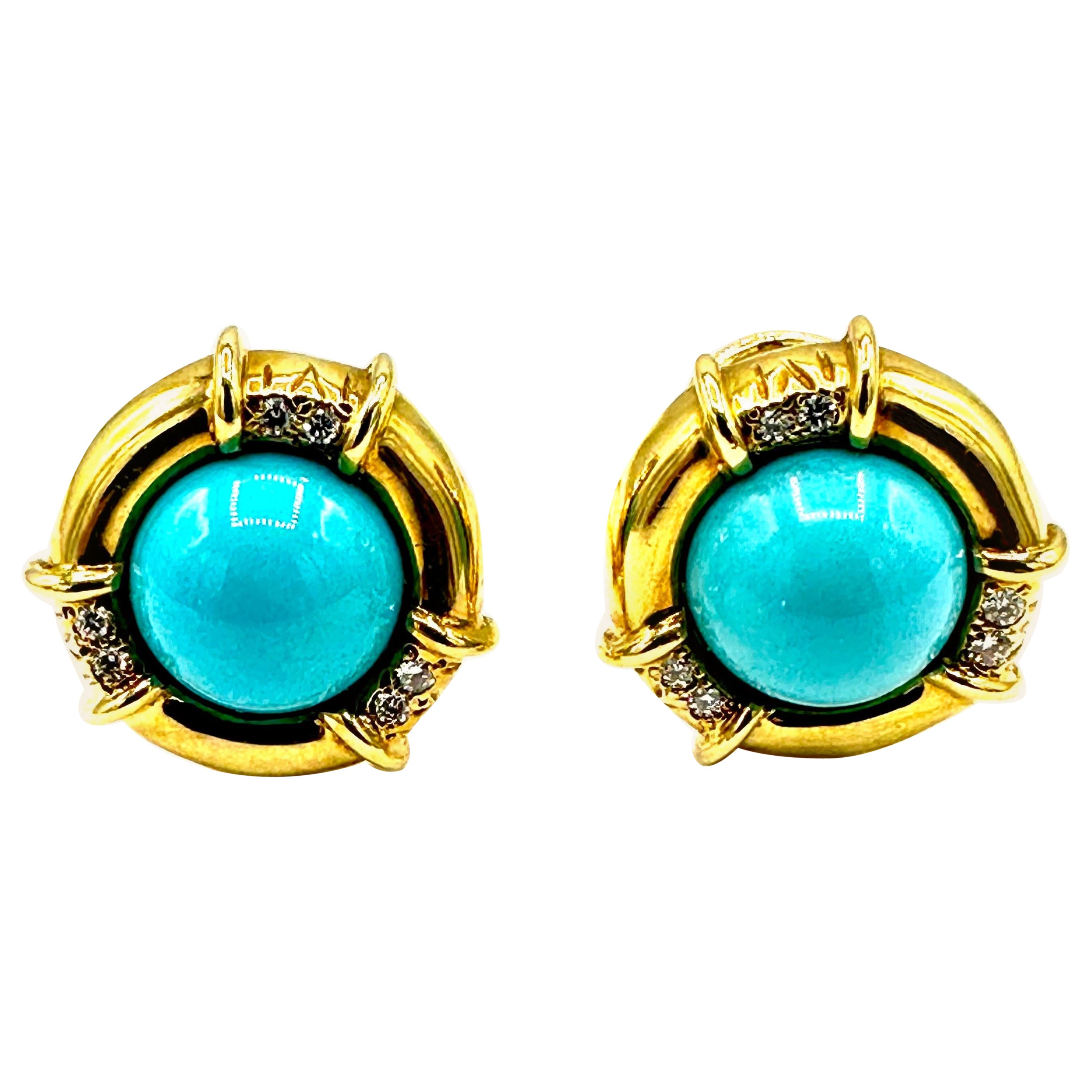Tiffany & Co. Cabochon Turquoise and Diamond 18K Yellow Gold Clip Earrings For Sale