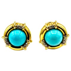 Vintage Tiffany & Co. Cabochon Turquoise and Diamond 18K Yellow Gold Clip Earrings