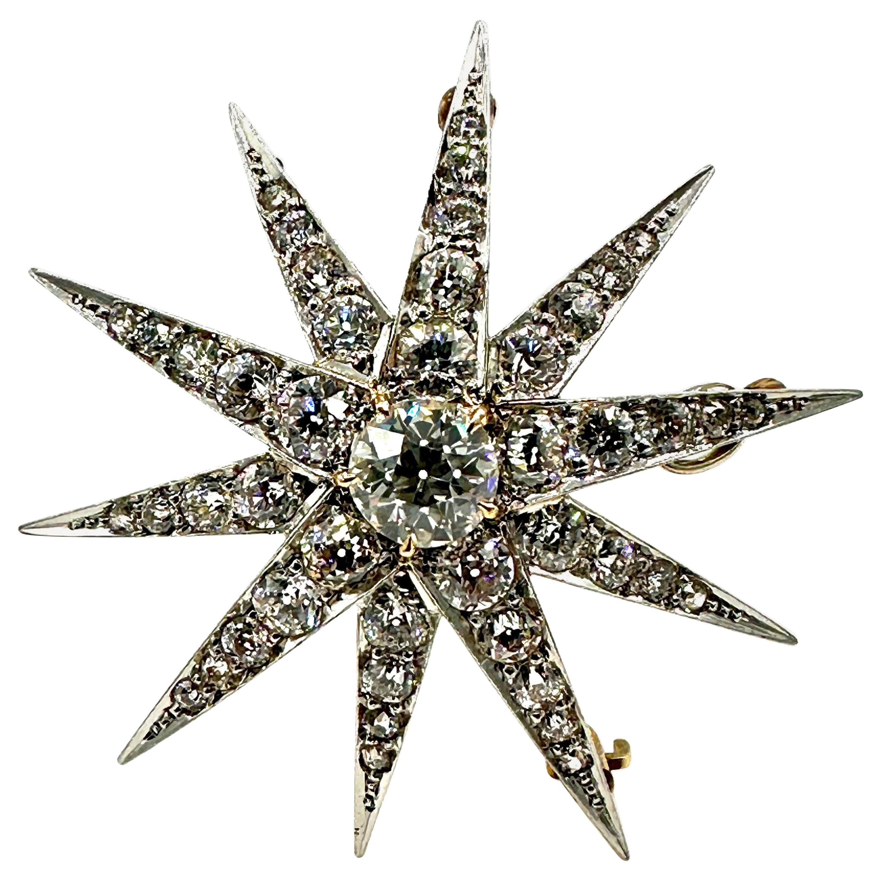 Art Deco 5.60 Carats Old European Cut Diamond Starburst Pendant Brooch For Sale