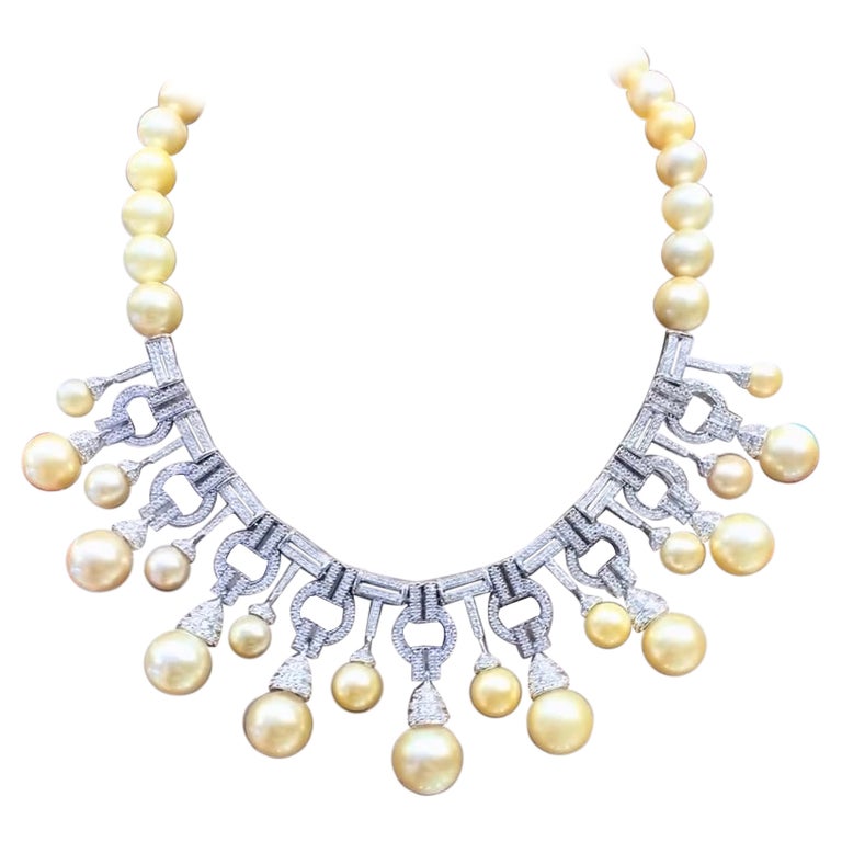 Certified Golden South Sea Pearls 8.00 Ct Diamonds 18k Gold Art Decó Necklace  For Sale at 1stDibs