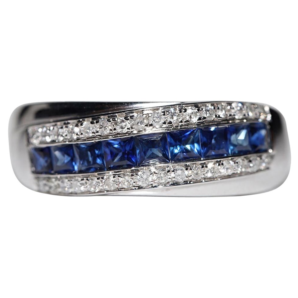18k Gold Natural Diamond And Baguette Cut Sapphire Decorated Band Ring