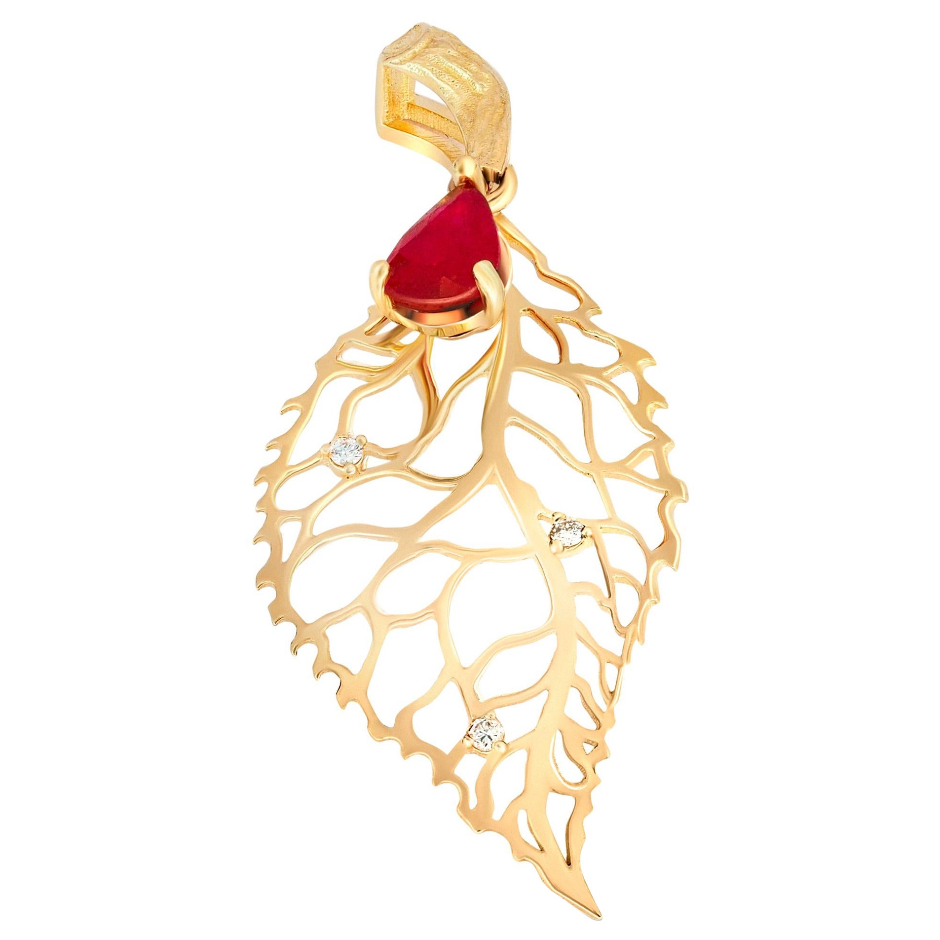 Leaf pendant with ruby and diamonds.  For Sale