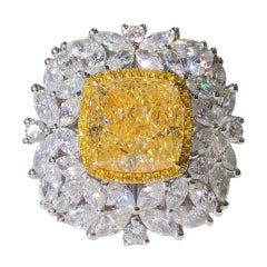 5.55 Carat Light Yellow Diamond Art Deco Halo Pendant Ring, cushion cut
