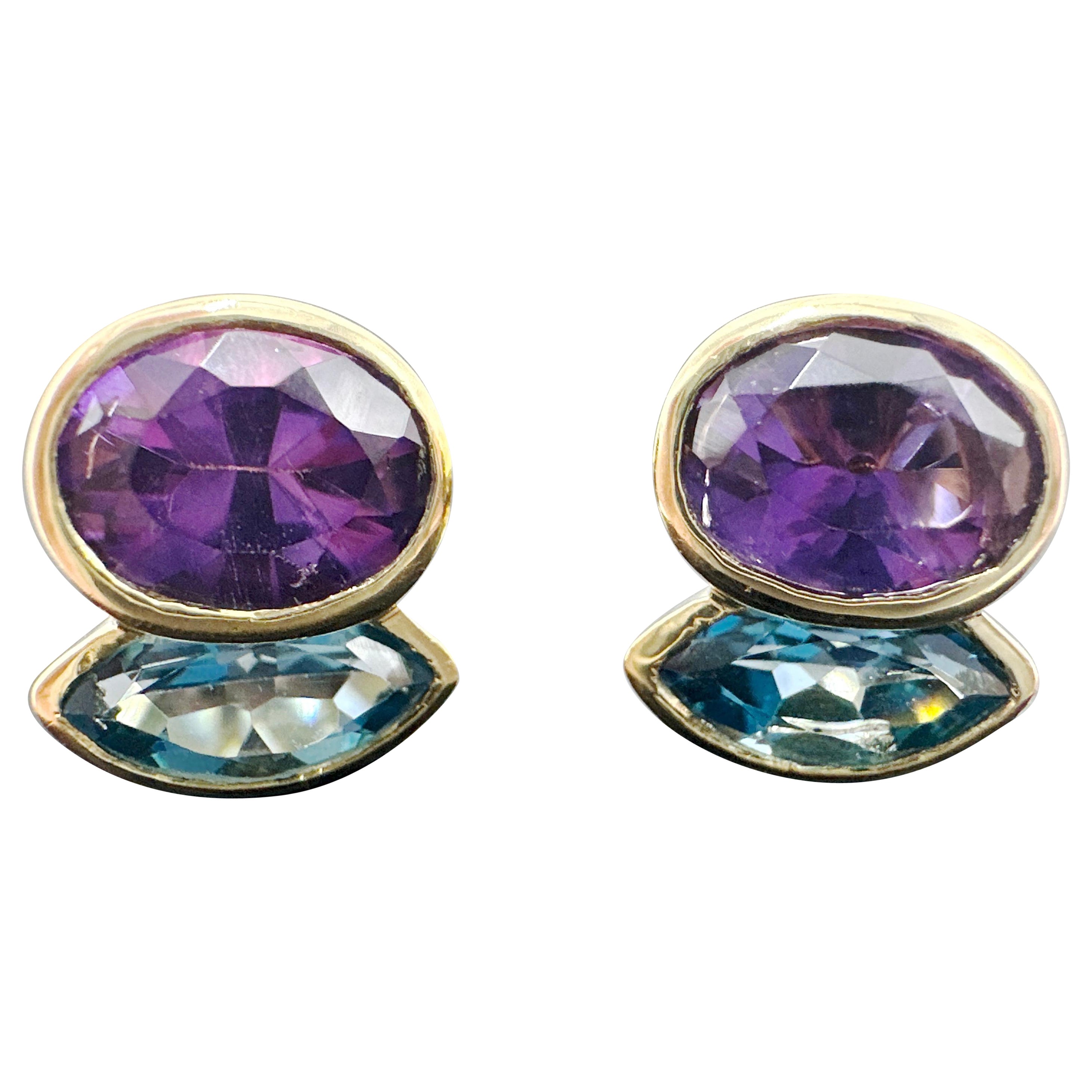 18k Yellow Gold Blue Topaz and Amethyst Quartz Earrings. 4.52TCW. For Sale