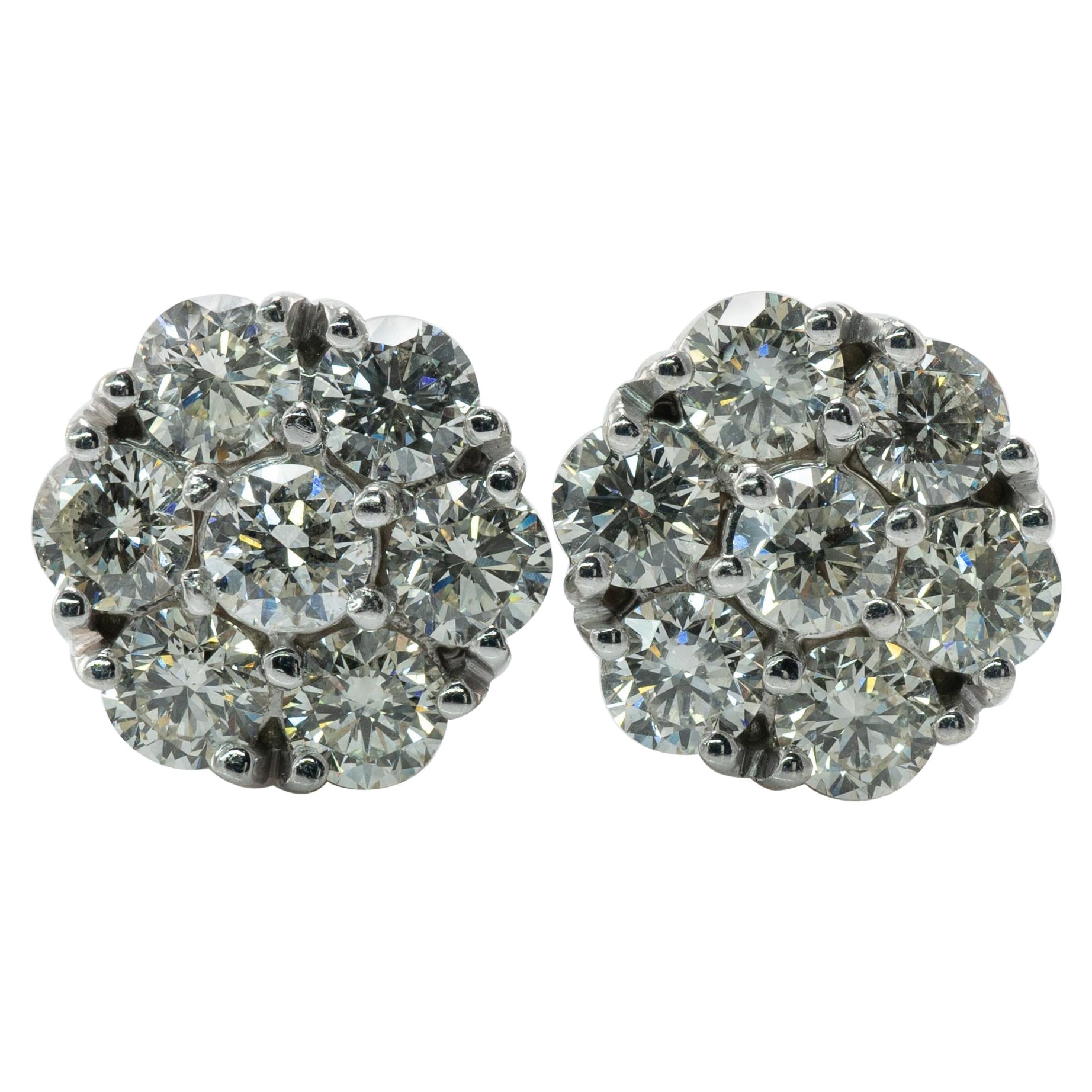 Diamond Earrings Studs 14K White Gold Cluster  4.20 TDW