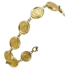 14 Karat Yellow Gold Hollow Light Roman Coin Link Bracelet Italy 