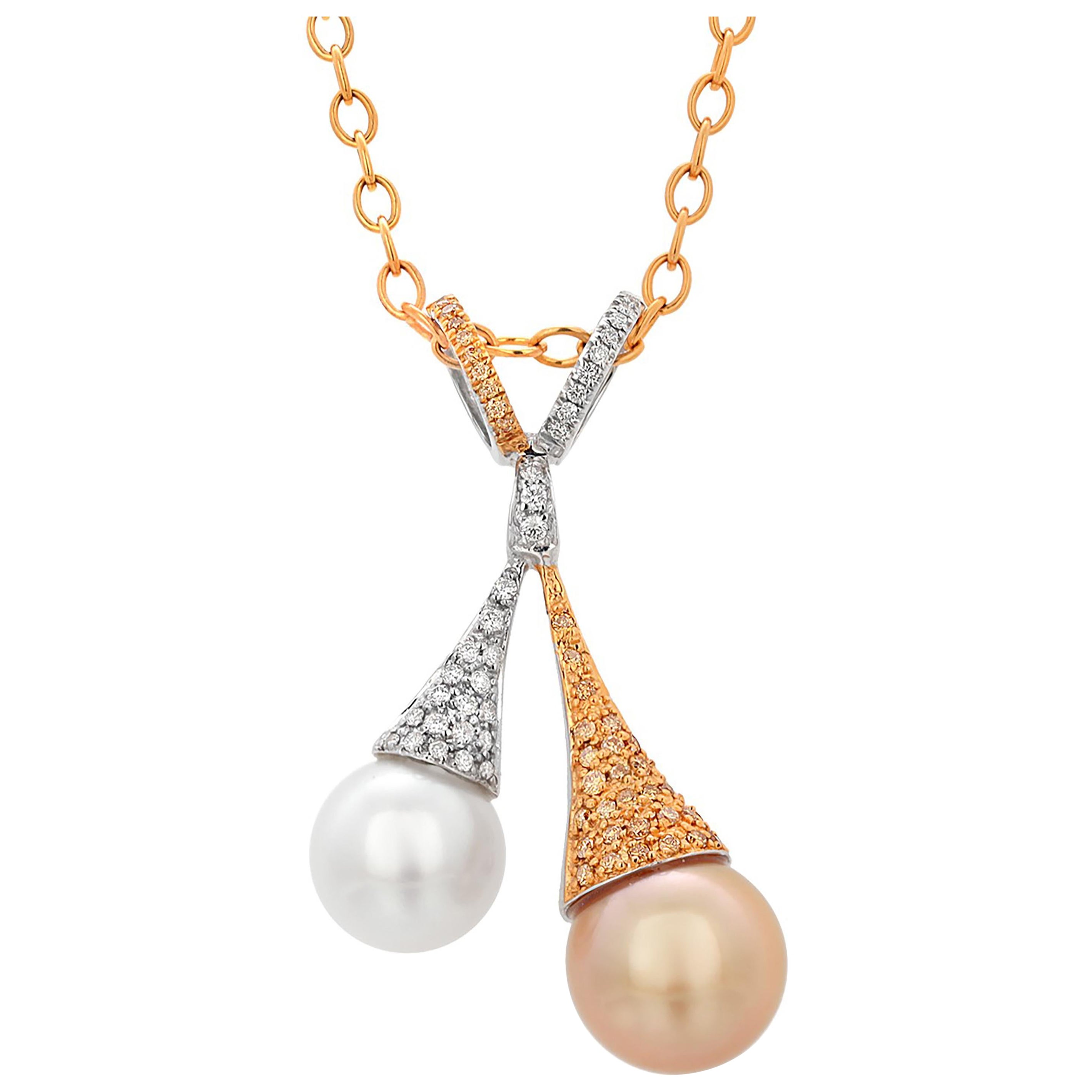 18 Karat Gold Fancy White Yellow Diamond 0.60 Carat White Golden Pearls Pendant  For Sale
