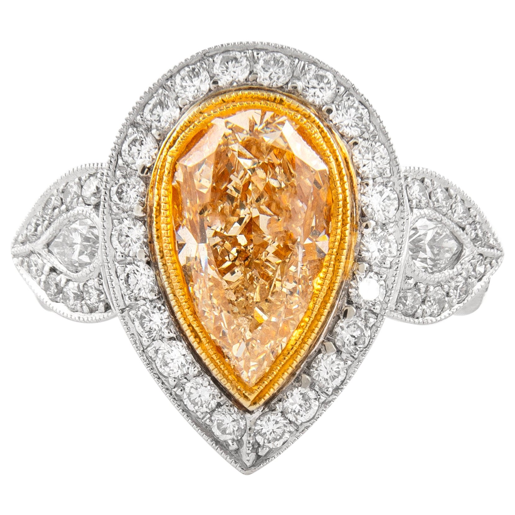 4.06ct Fancy Yellow Diamond Three-Stone Halo Ring 18k Two Tone For Sale