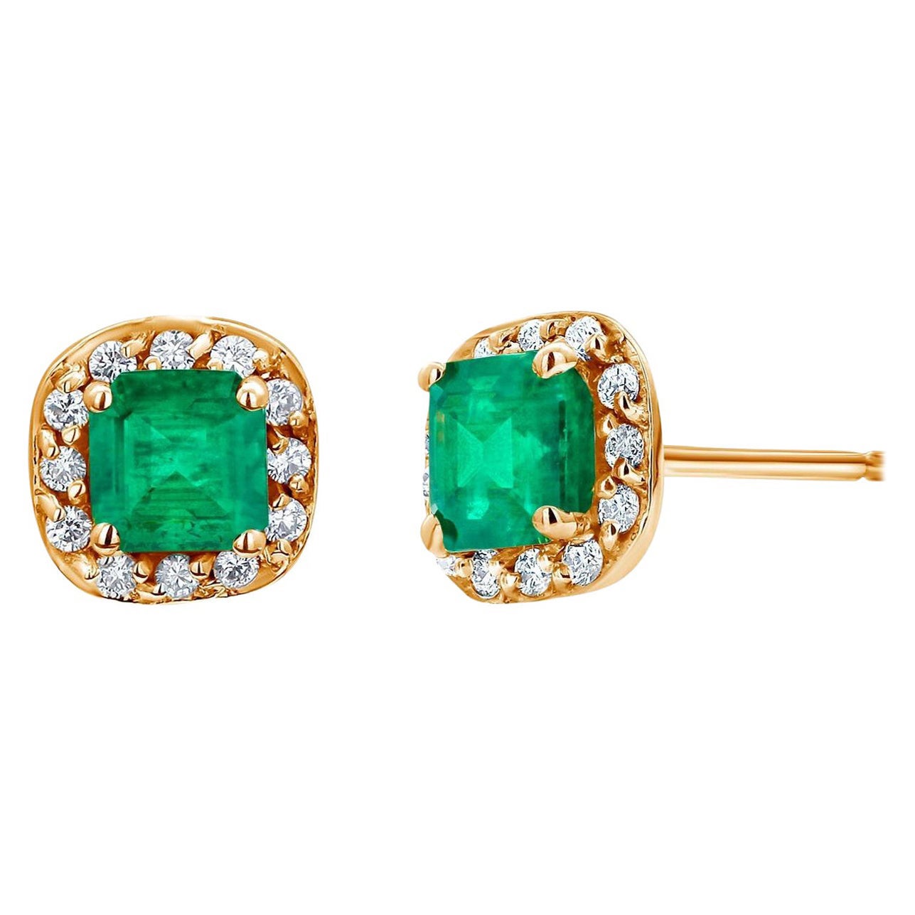Emerald Shaped Emerald Diamond 1.20 Carat Halo Yellow Gold 0.35 Inch Earrings For Sale