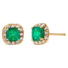 Emerald Shaped Emerald Diamond 1.20 Carat Halo Yellow Gold 0.35 Inch Earrings