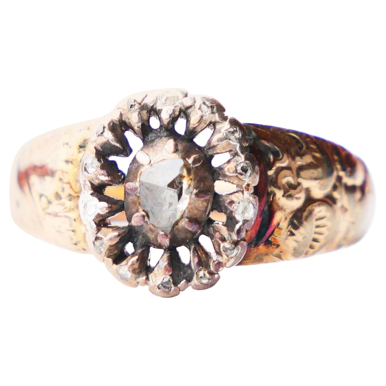 Antique Ring Diamonds solid 14K Rose Gold Silver Ø8US/ 3.7gr For Sale