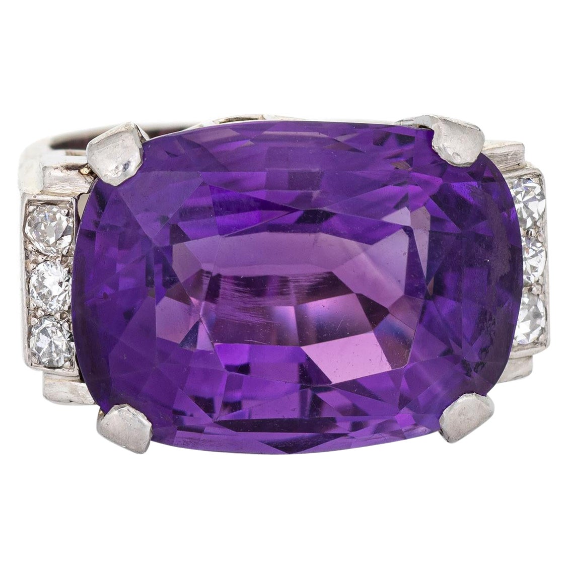 Bague de cocktail vintage East West en or blanc 14 carats avec améthyste et diamants, taille 5