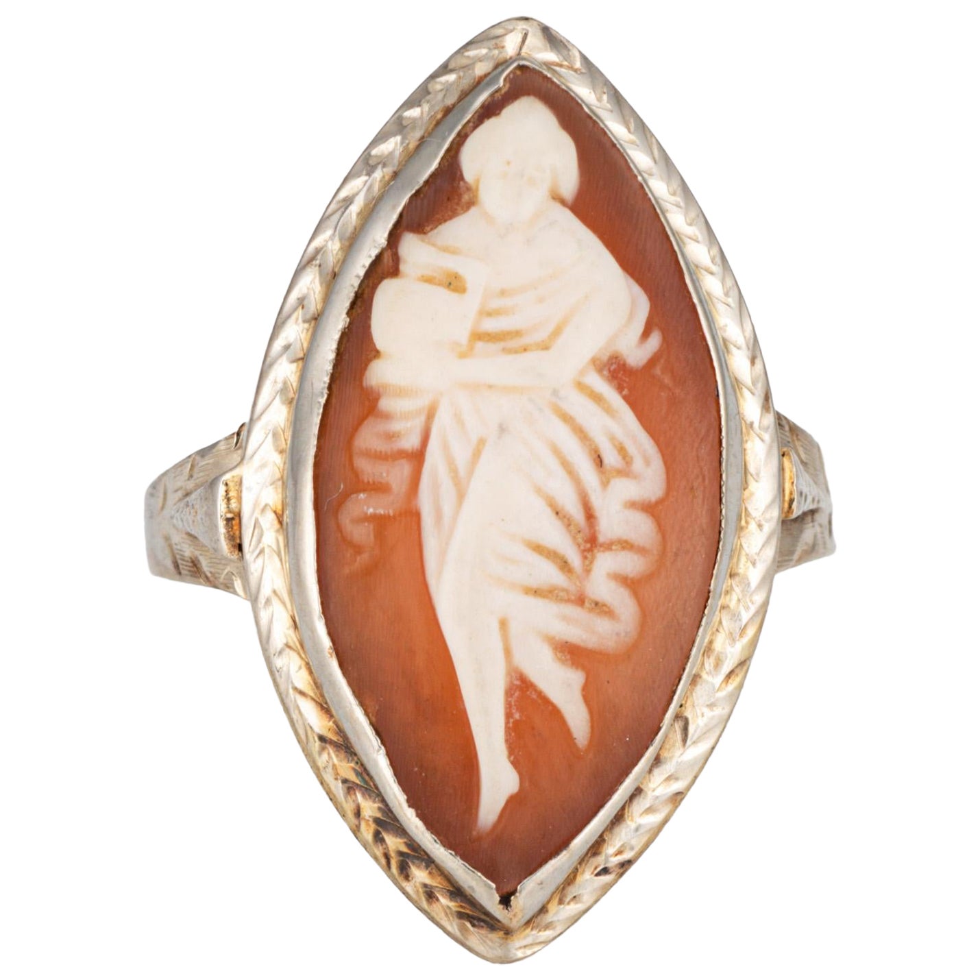 Vintage Art Deco Cameo Ring 14k White Gold Marquise Cocktail Sz 5.75 Jewelry For Sale