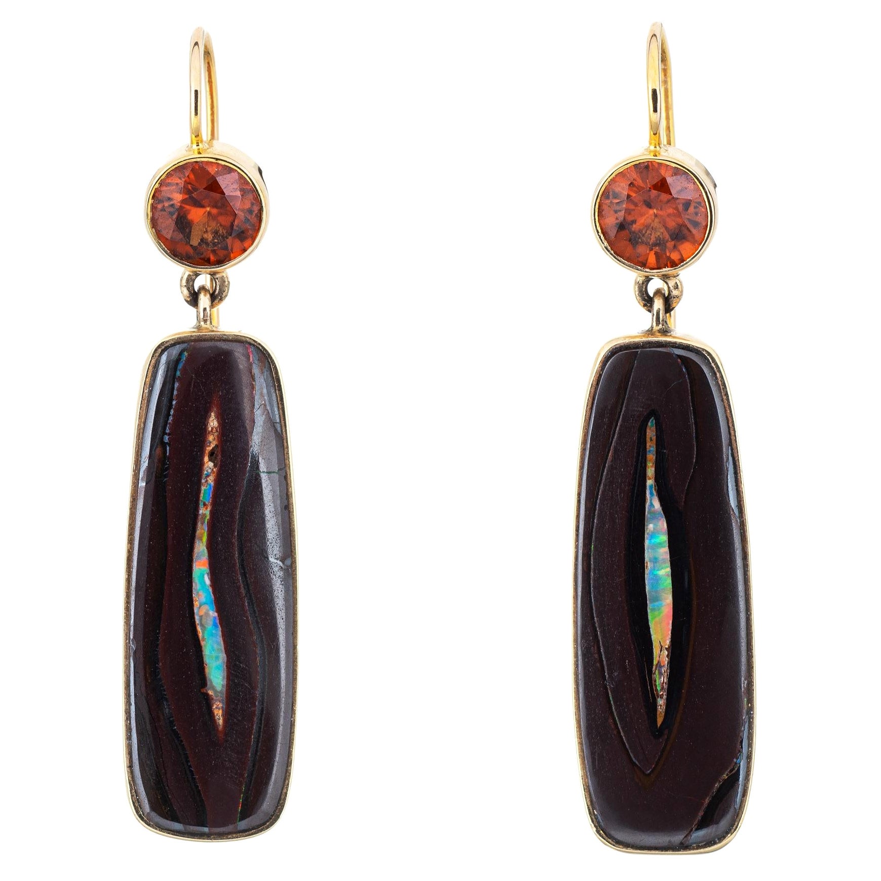 Boulder Opal Orange Zircon Earrings Estate 18k Gold 2" Drops Fine Jewelry For Sale