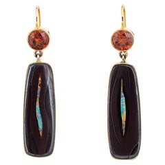 Retro Boulder Opal Orange Zircon Earrings Estate 18k Gold 2" Drops Fine Jewelry