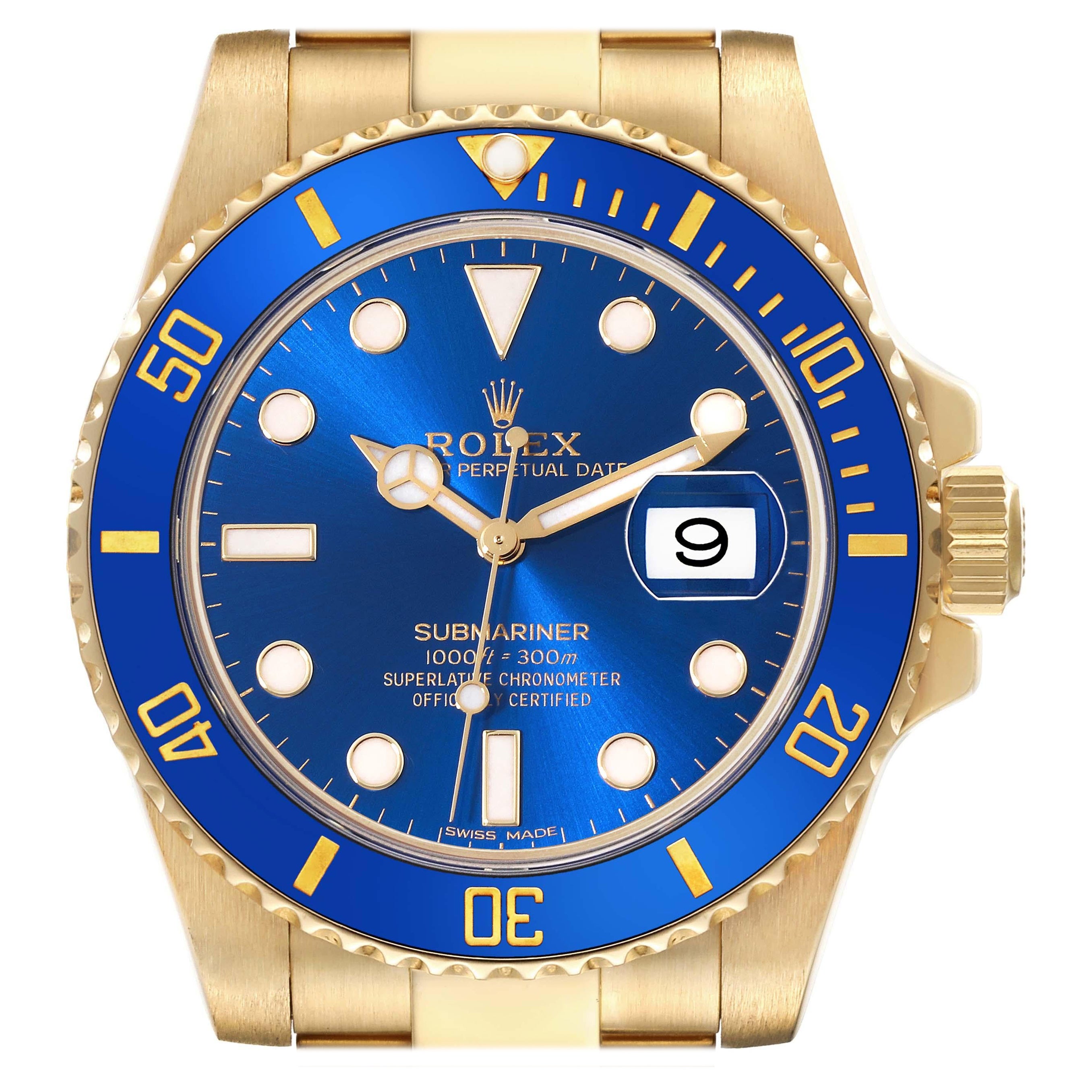 Rolex Submariner Yellow Gold Blue Dial Ceramic Bezel Mens Watch 116618 Box Card For Sale