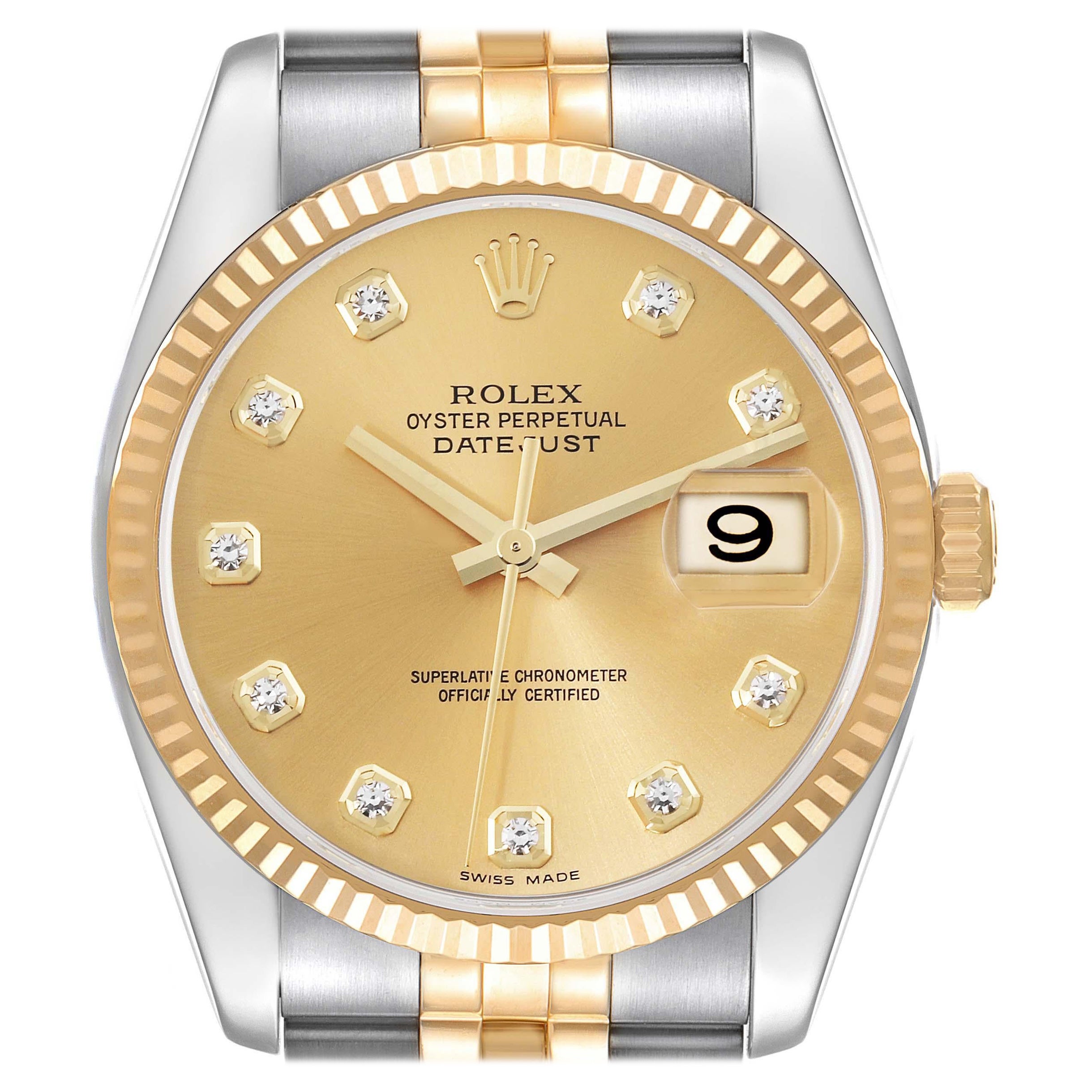 Rolex Datejust Steel Yellow Gold Champagne Diamond Dial Mens Watch 116233 For Sale