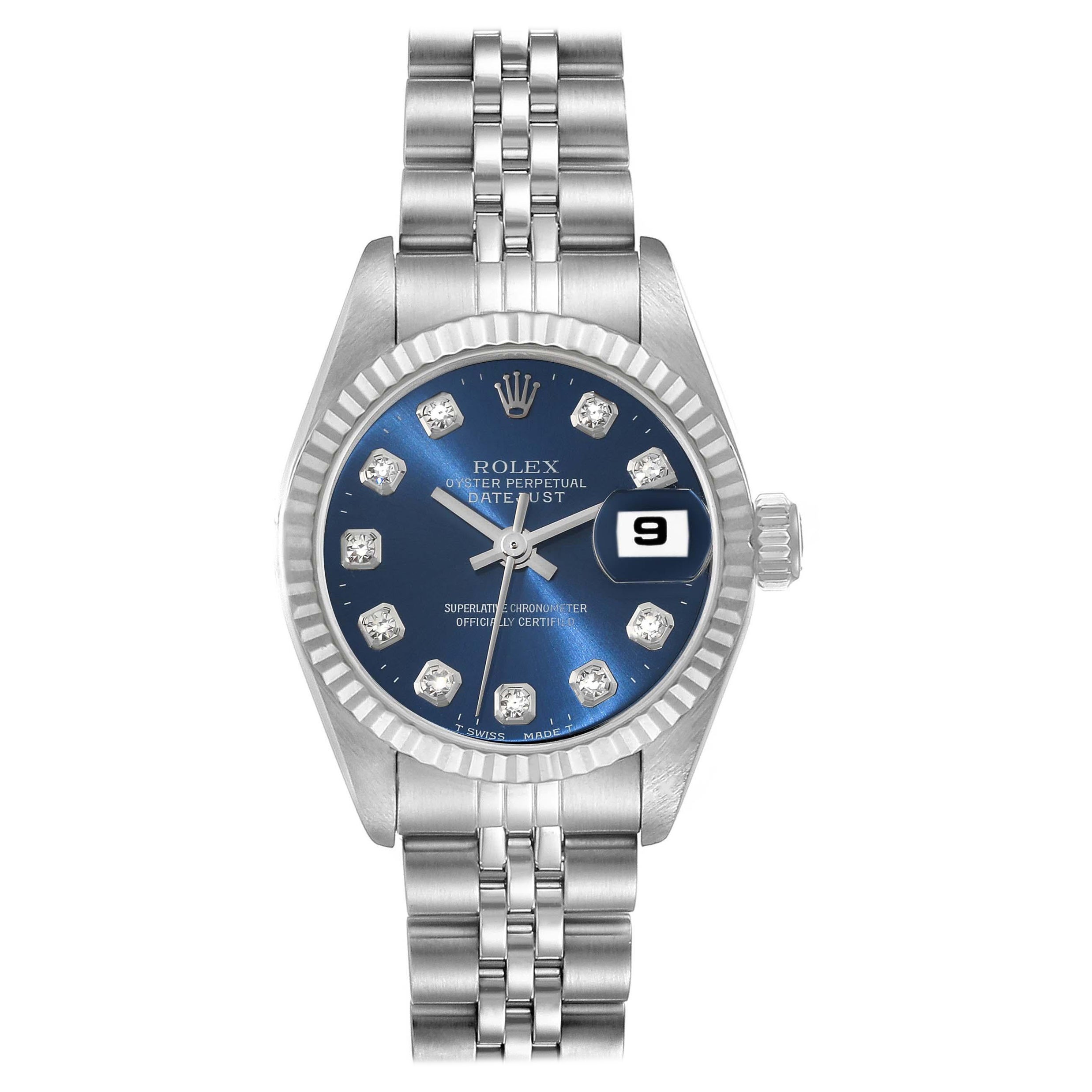 Rolex Datejust Steel White Gold Blue Diamond Dial Ladies Watch 69174 Box Papers