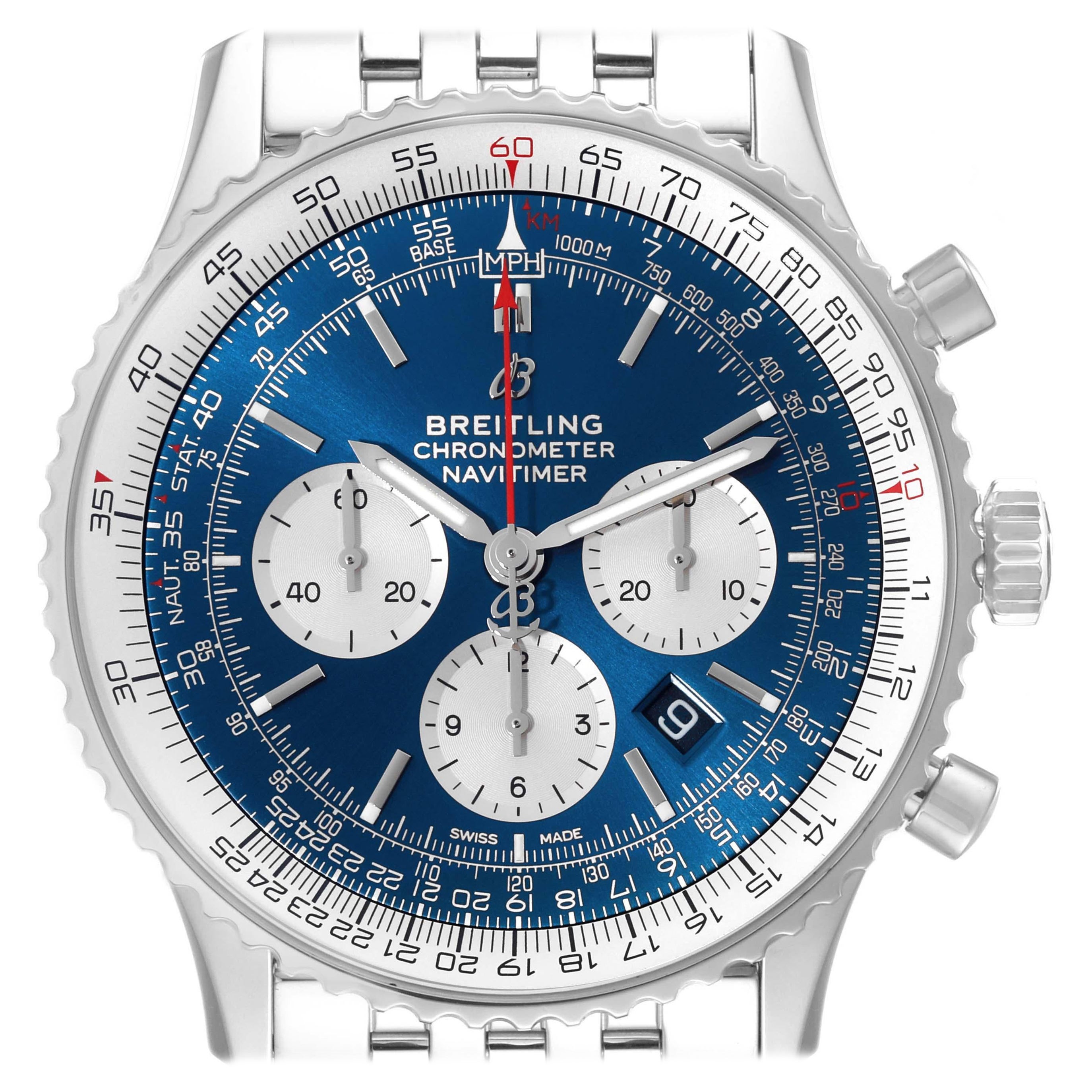 Breitling Navitimer 01 46mm Aurora Blue Dial Steel Mens Watch AB0127 Box Card For Sale