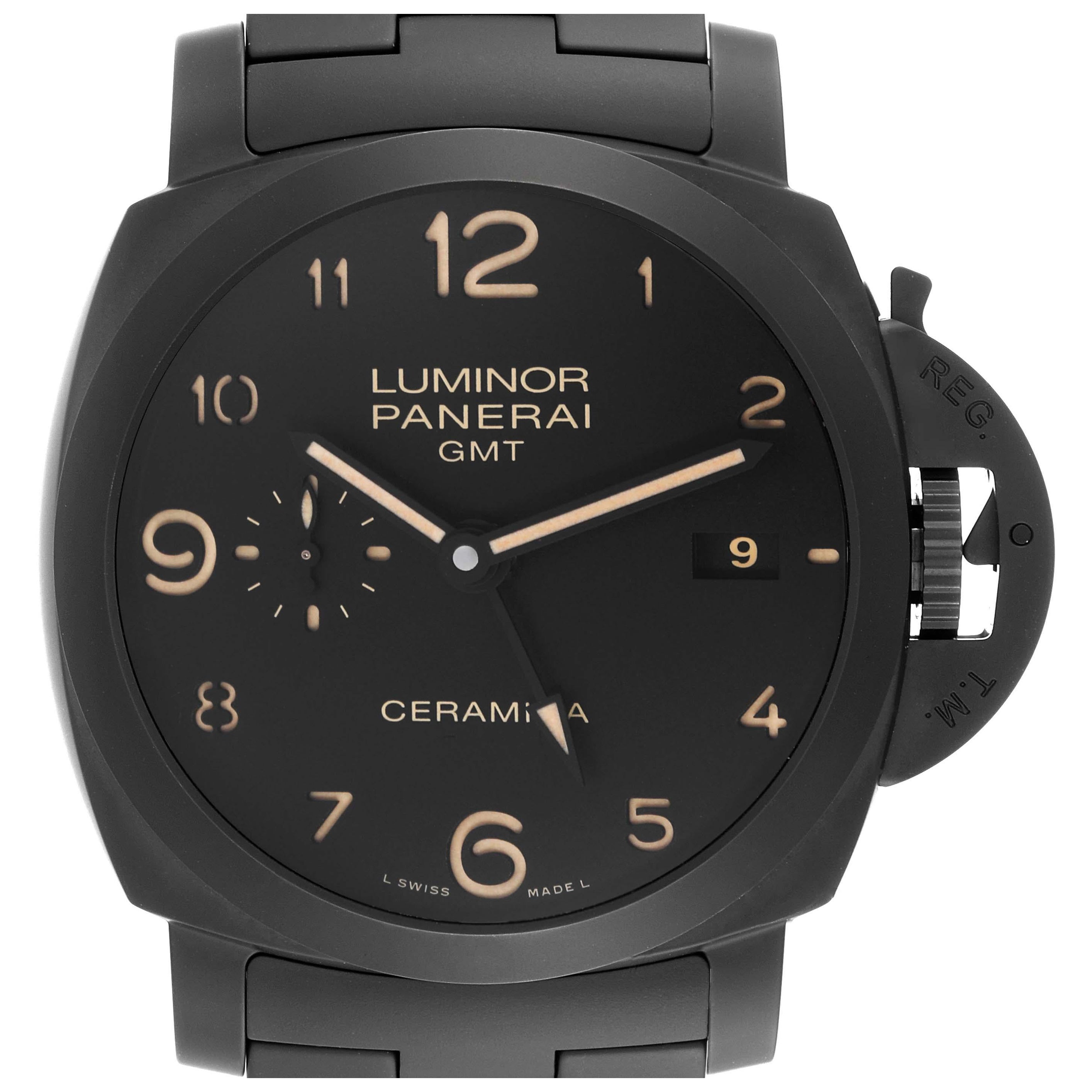 Panerai Luminor 1950 3 Days Tuttonero GMT Ceramic Mens Watch PAM00438 Box Papers en vente