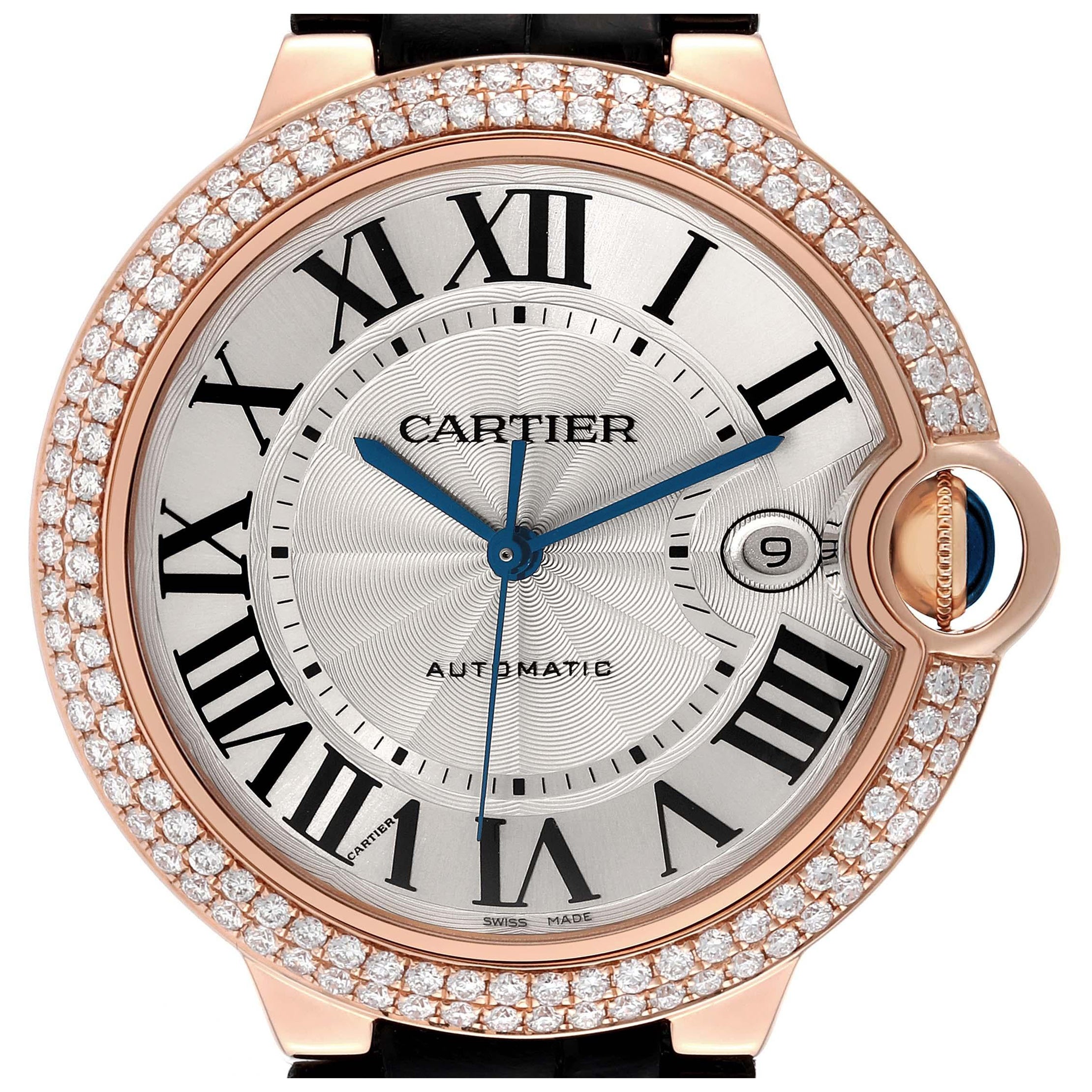 Cartier Ballon Bleu 42mm Rose Gold Diamond Mens Watch WE900851 Box Card
