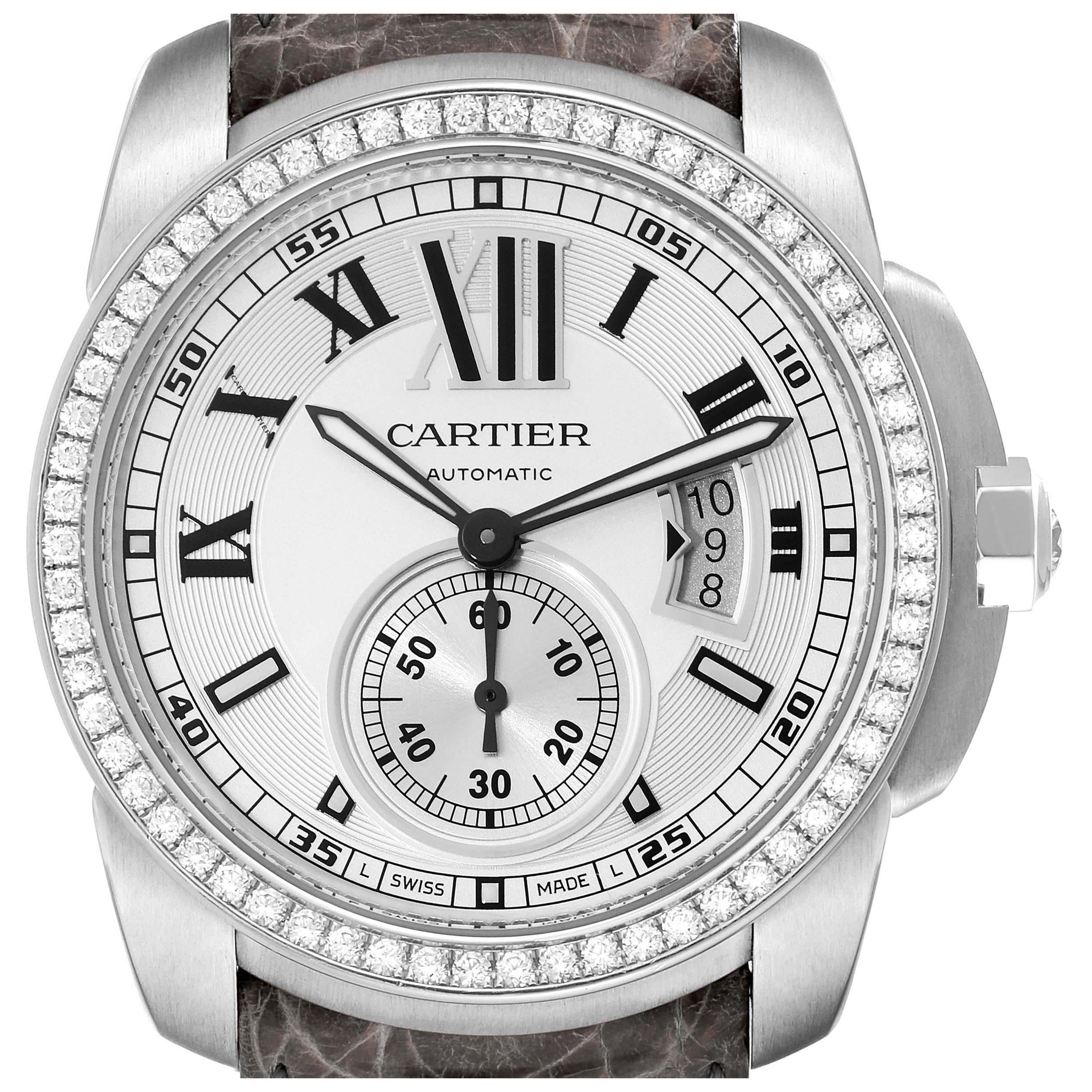 Cartier Calibre Silver Dial White Gold Diamond Mens Watch WF100003 For Sale
