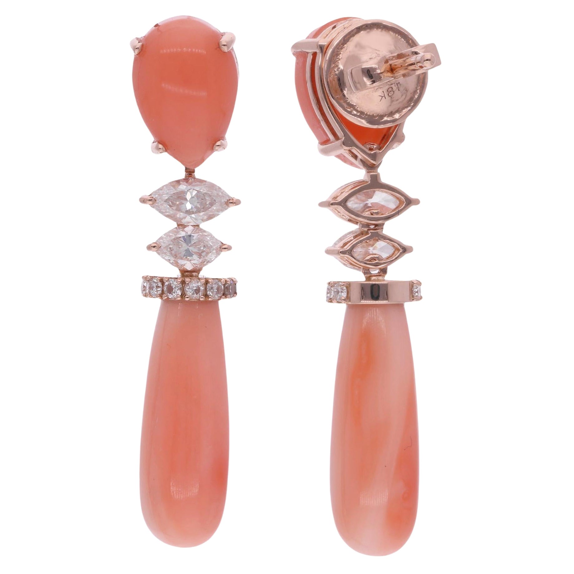 Coral Gemstone Dangle Earrings Marquise Diamond 14 Karat Rose Gold Fine Jewelry For Sale