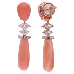 Pendientes Colgantes de Gema de Coral Diamante Marquesa Oro Rosa de 14 Kilates Joyería Fina