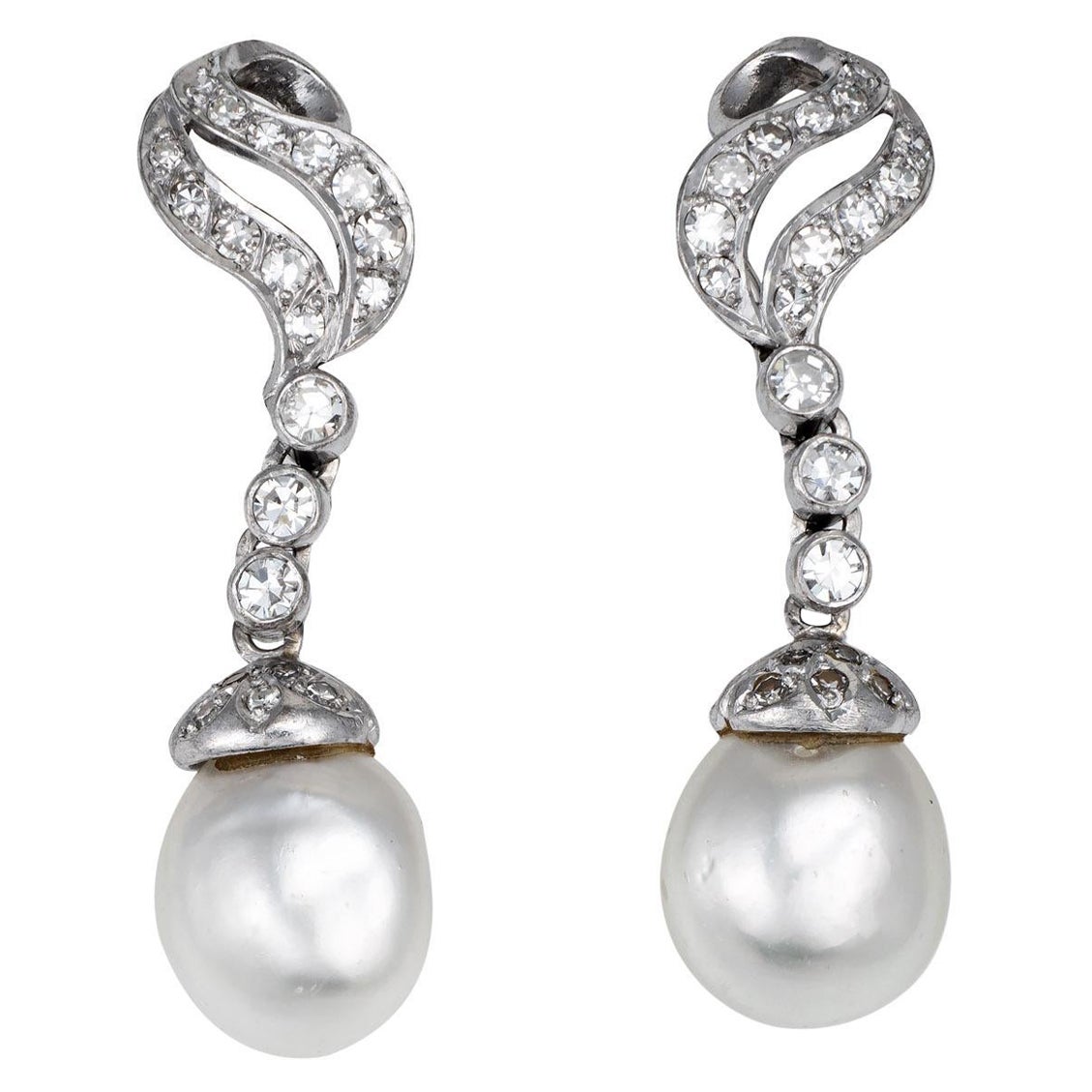 Mid Century Baroque Pearl Diamond Earrings 14k White Gold 1.5" Drops Jewelry  For Sale