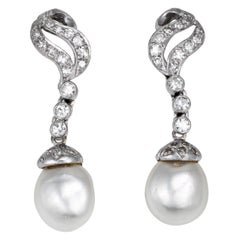 Retro Mid Century Baroque Pearl Diamond Earrings 14k White Gold 1.5" Drops Jewelry 