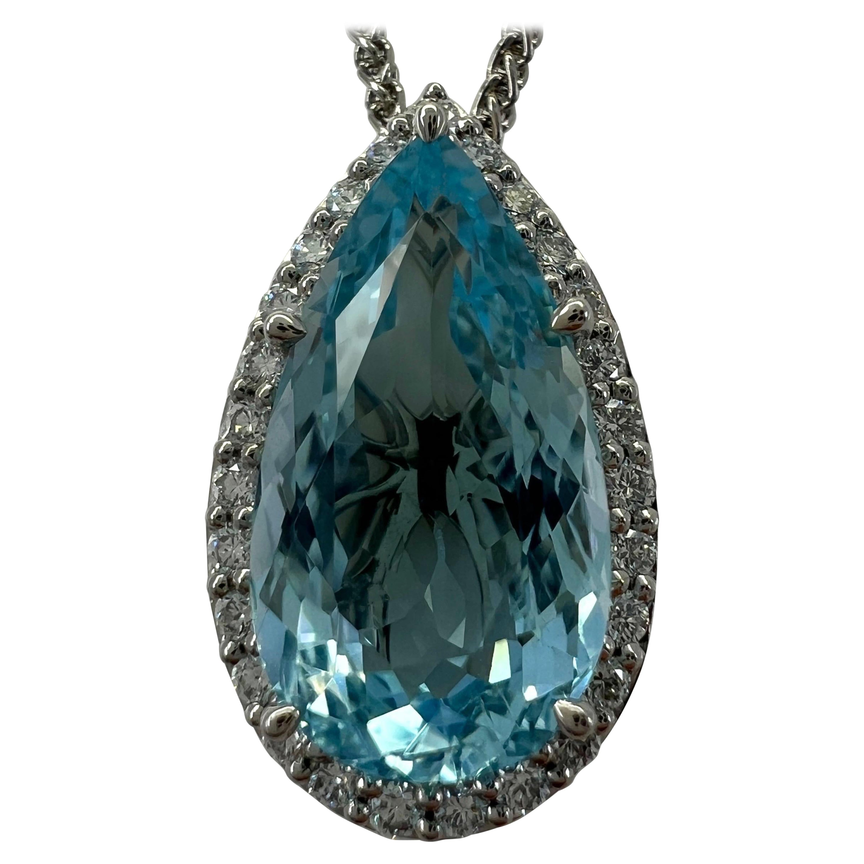 4.17ct Fine Blue Pear Cut Aquamarine Diamond 950 Platinum Halo Pendant Necklace For Sale