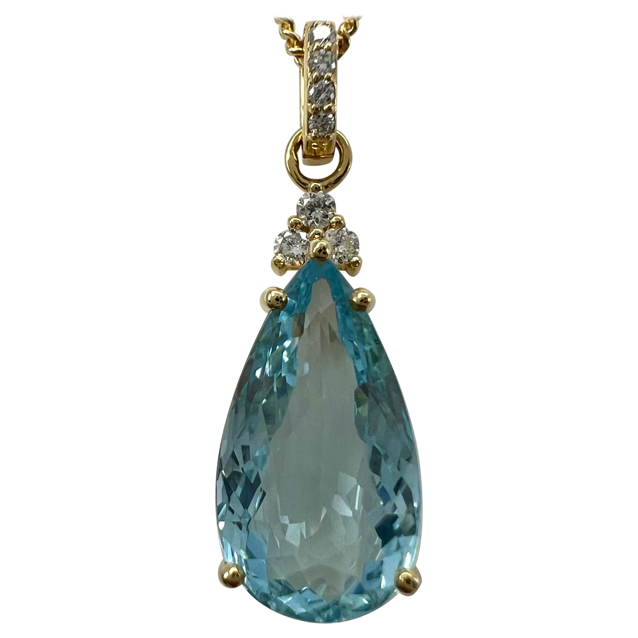 2.50ct Blue Aquamarine & Diamond Pear Cut 18k Yellow Gold Pendant Necklace