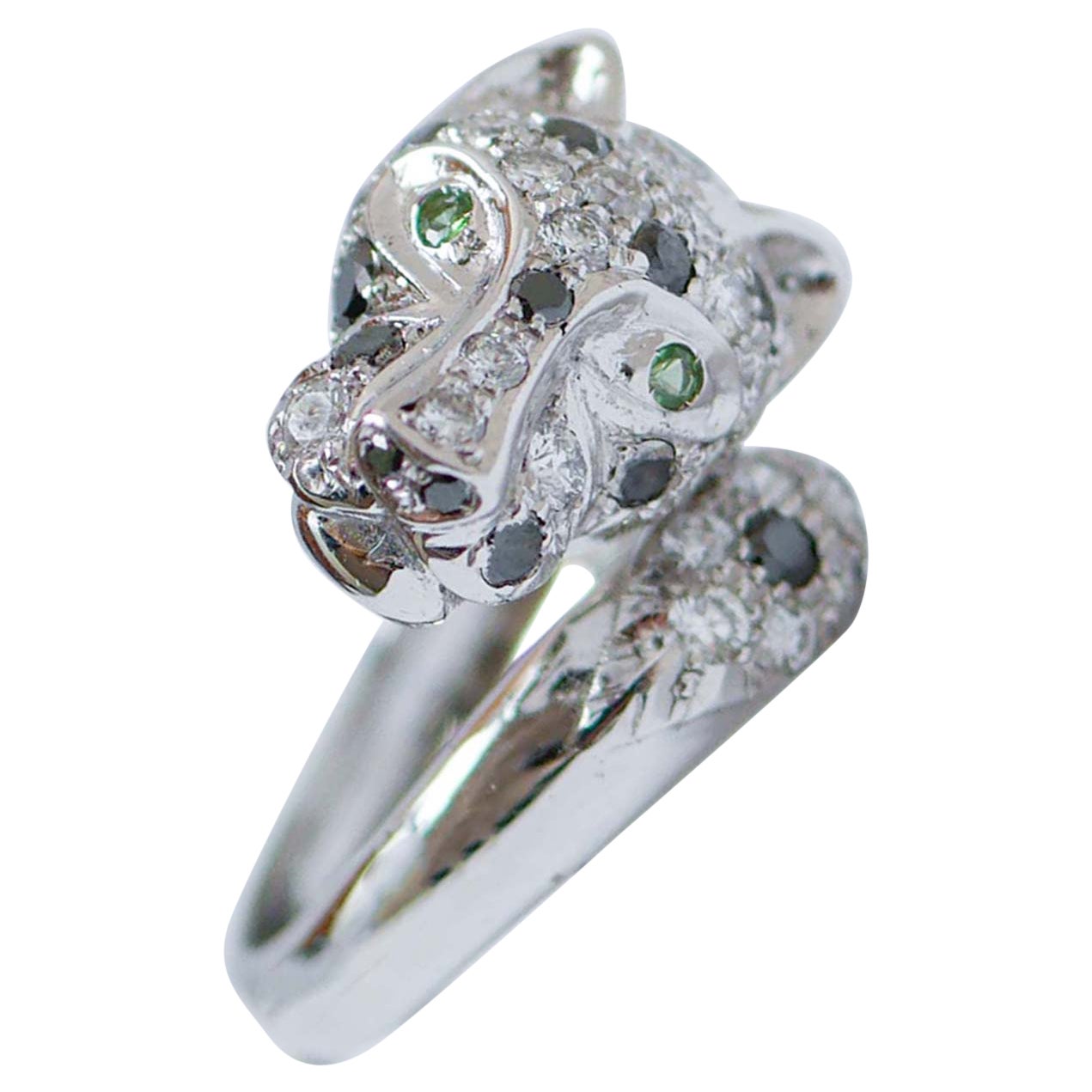 Tsavorite, Black Diamonds and White Diamonds, 18 Karat White Gold Ring.