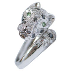 Retro Tsavorite, Black Diamonds and White Diamonds, 18 Karat White Gold Ring.