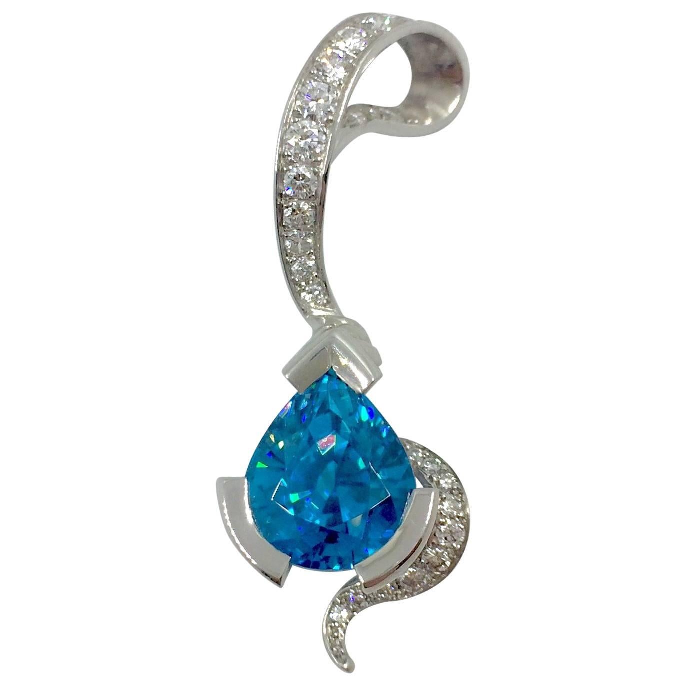 G. Minner 8.66 Carat Intense Blue Zircon Diamond Gold Pendant For Sale