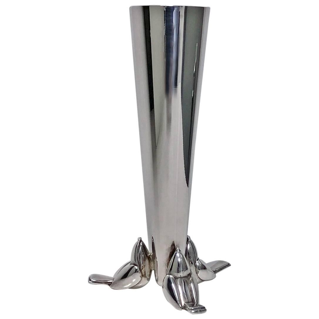 Pair of Christofle Deco Silver Plate Vases, C. 1930. Each of plain tapered conical form with a base surround of three birds. Full Christofle marks. Height: 6 1/8 inches