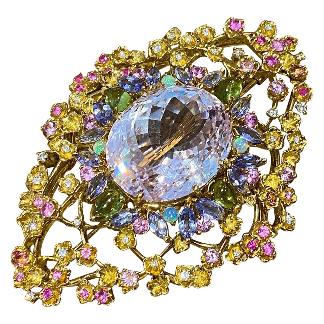 Large 41.63carats Kunzite w/ Multigems & Diamond Pin / Brooch in 18k Yellow Gold For Sale