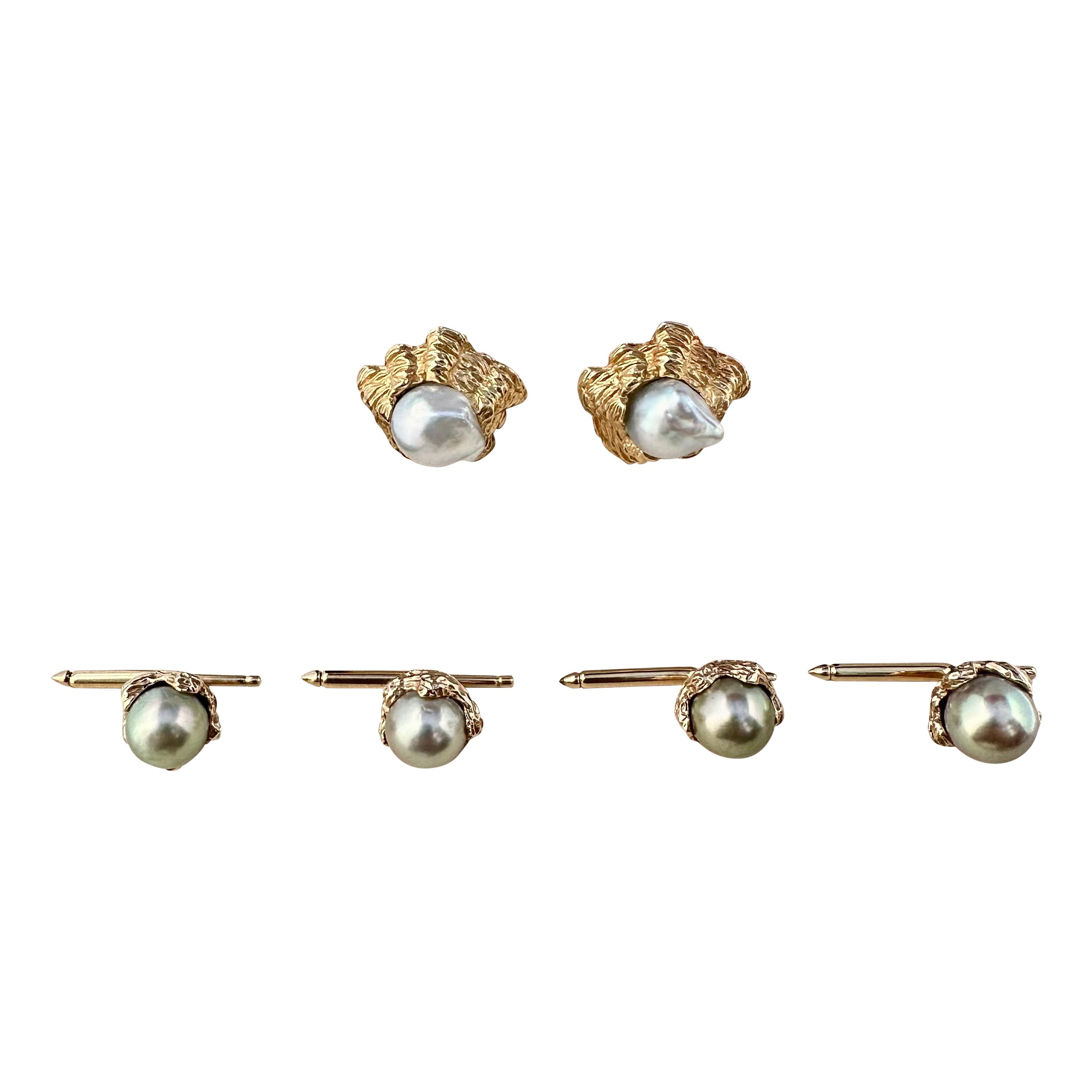 Ensemble de boutons de manchette et de clous d'oreilles en argent/perles d'eau douce grises et or 14k pour hommes en vente